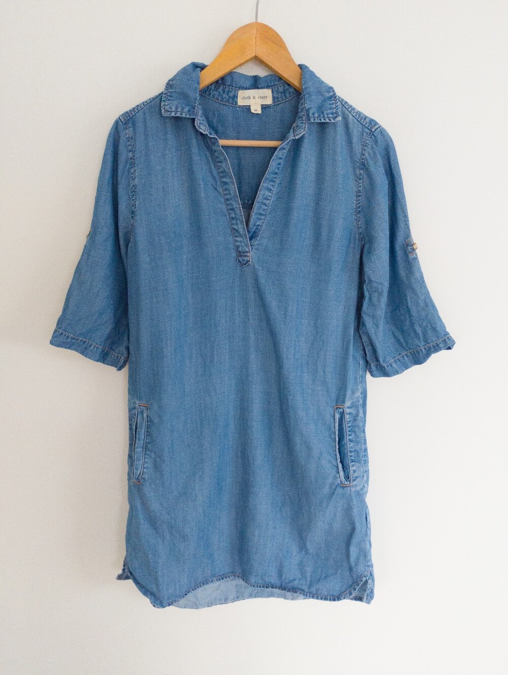 Cloth & Stone Anthropologie Tencel Denim Chambray Shift Dress Roll Tab XS
